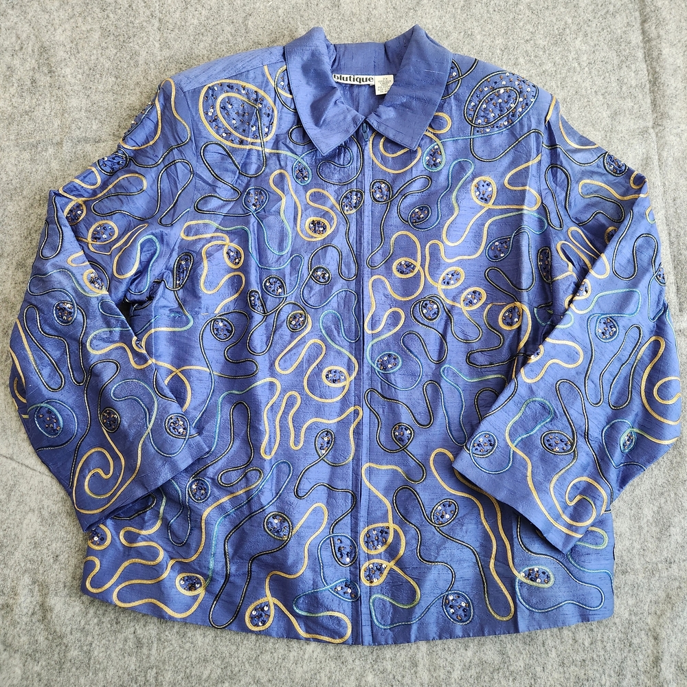 Blutique Silk Embellished Beaded Cardigan Sweater Women's 2X Blue Full Zip Lined